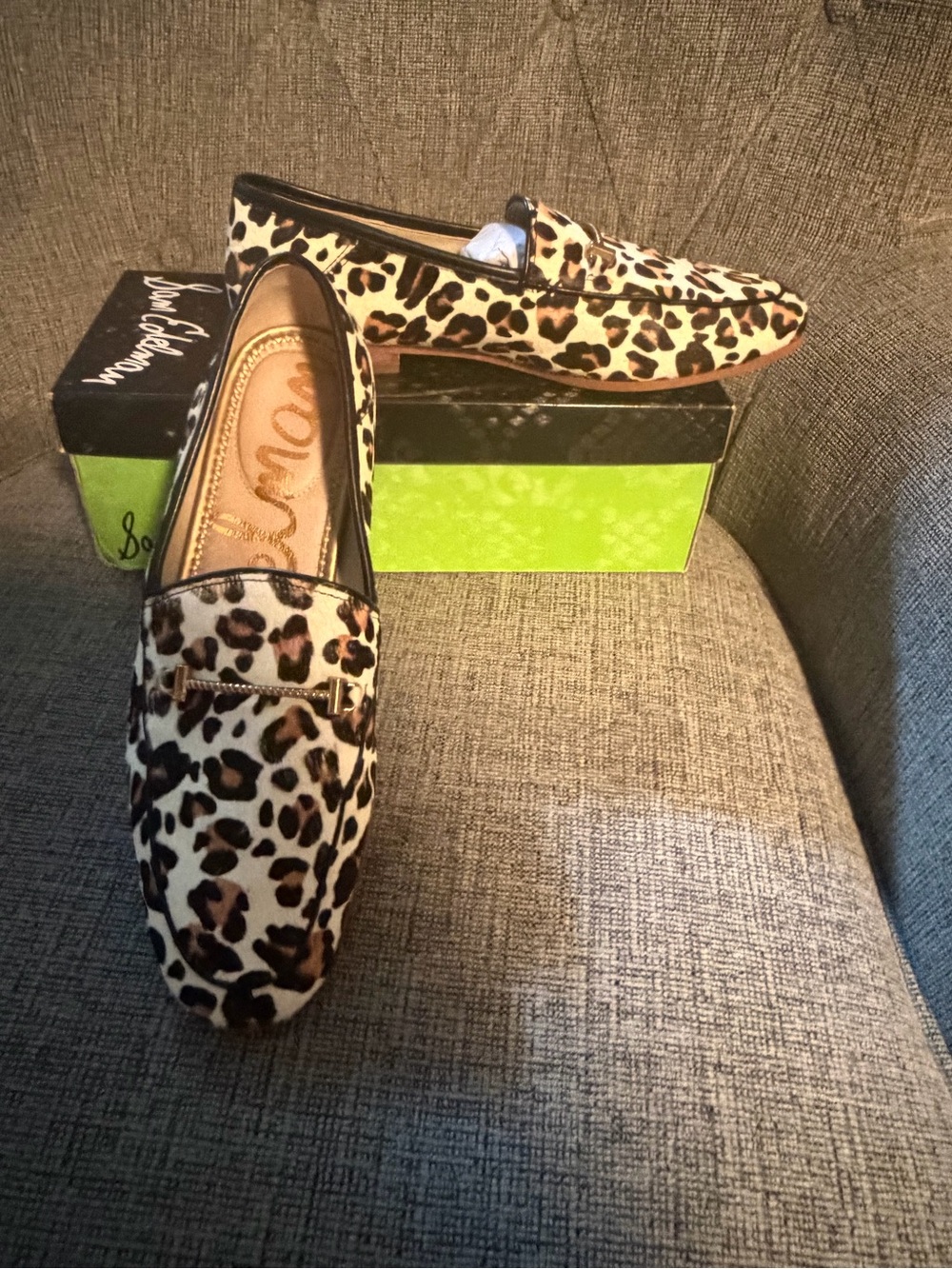 Sam Edelman White Leopard Slip-On Loafers with Gold Accent - Picture 2 of 4